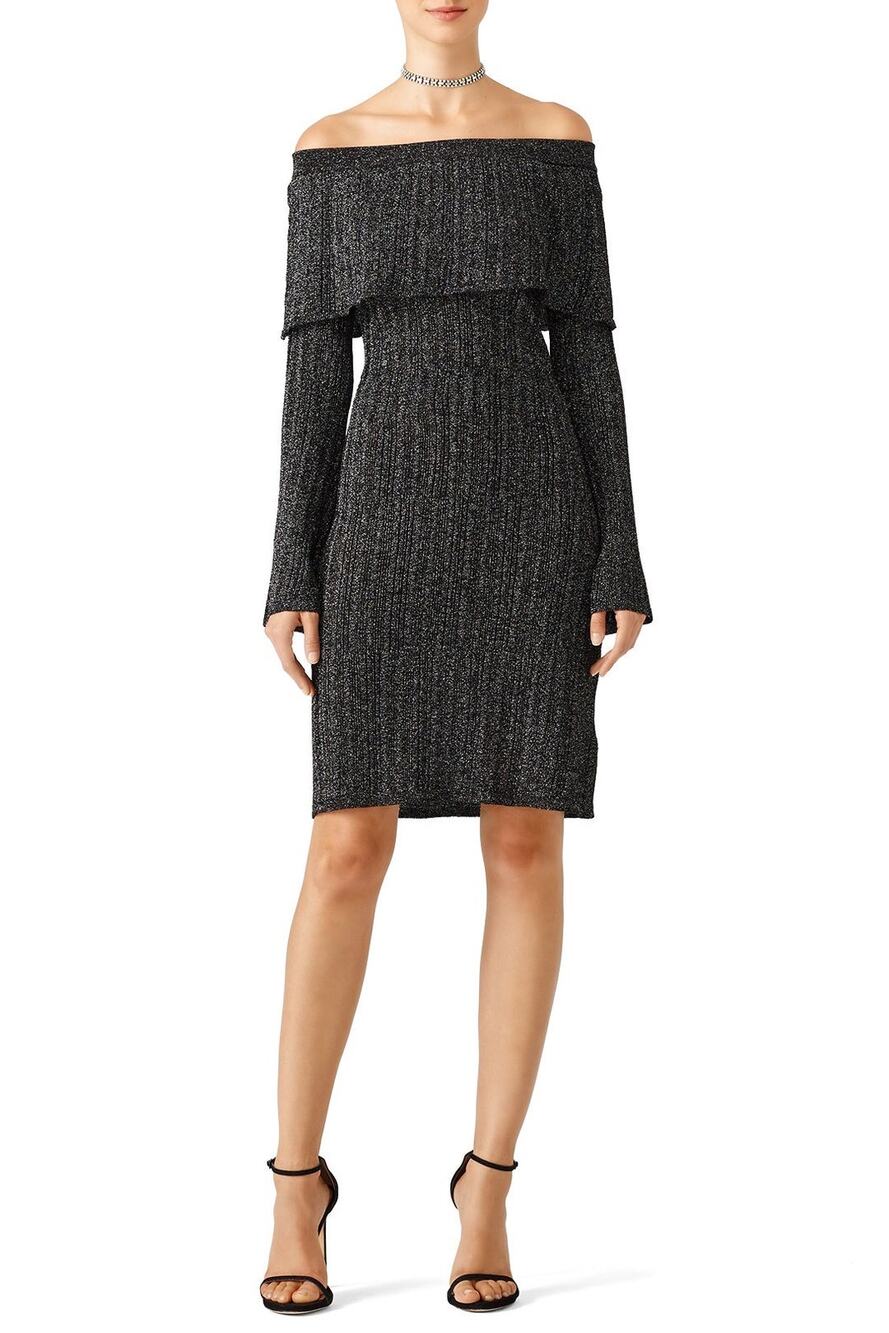 Keepsake The Label Black Metallic Off Shoulder Knit Long Sleeve Dress S
